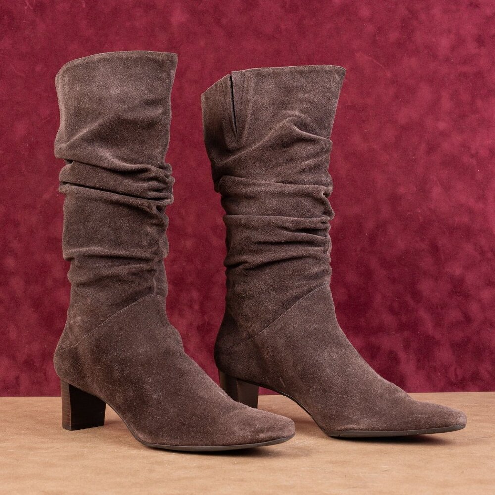 Talbots Women Retro 90's Slouch Brown Suede Pointy Toe Boots size 9.5